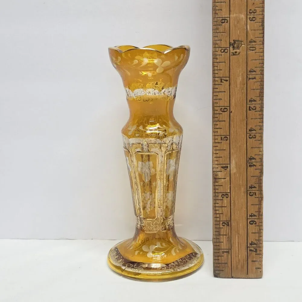 Vintage Old Bohemian Etched Crystal Honey Amber Czech Vase 8”